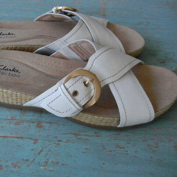 EUC Clarks Collection Leather Slide Sandals Reileigh May WHITE SZ 10M CRISS-CROS - Picture 3 of 6